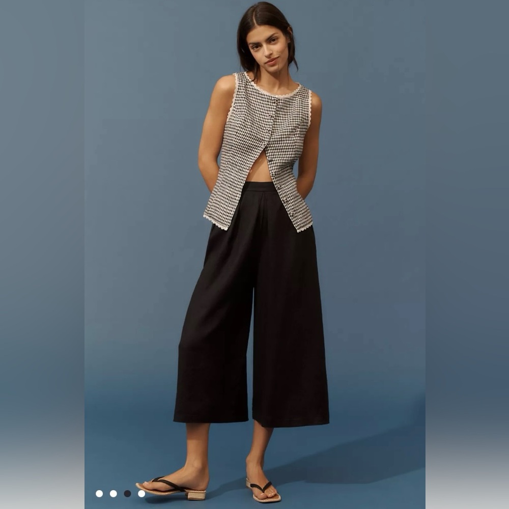 NWT Anthropologie 100% Linen Pleated Culotte Wide Leg Trousers Pants Black M
